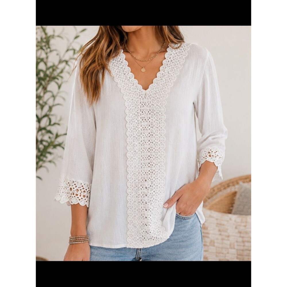 Lucky & Coco White Cotton Gauze Lace Trim Boho Tunic Top XL Crochet V-Neck Beach